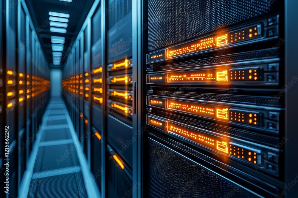 Poster illuminated data center servers in a modern technology environment