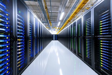 Modern data center with illuminated server racks in bright facility