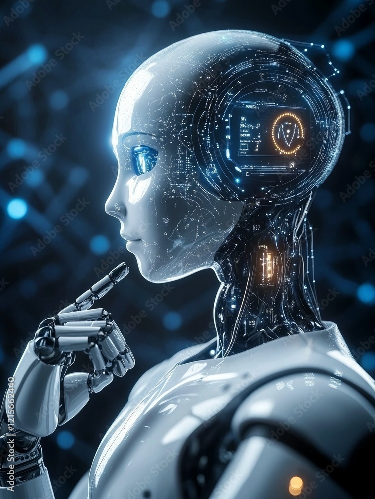 Poster futuristic cyborg with illuminated circuits contemplating in a high-tech environment