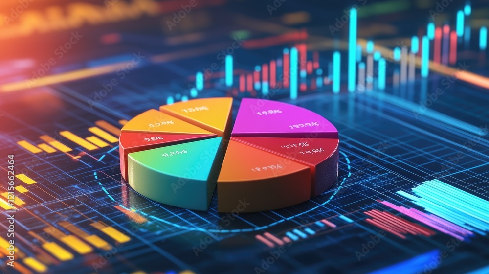 Poster a segmented d pie chart with colorful pieces, each labeled with financial data, set on a digital pla