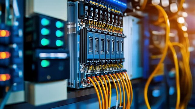 Orange wires connected to a programmable logic controller in a server room are managing an automated system, with blurred lights in the background