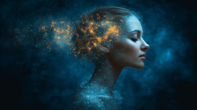 Inner Fire: A woman's profile silhouetted against a swirling blue nebula, her face illuminated by a radiant burst of sparks erupting from her mind, evoking the power of the human spirit, creativity.