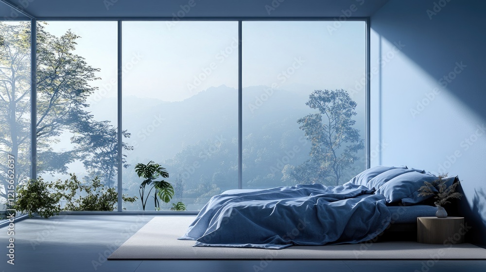Poster a serene bedroom with a calming color palette of blues and whites, featuring a large window with a v