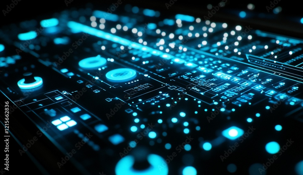 Aufkleber futuristic blue digital interface with glowing buttons and circuits.