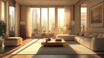Fototapeta premium A serene minimalist living room featuring a light color palette, simple furniture, and large windows allowing natural light to flood the space, creating a calm atmosphere.