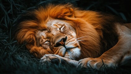 Naklejka premium Majestic male lion sleeping peacefully in tall grass.