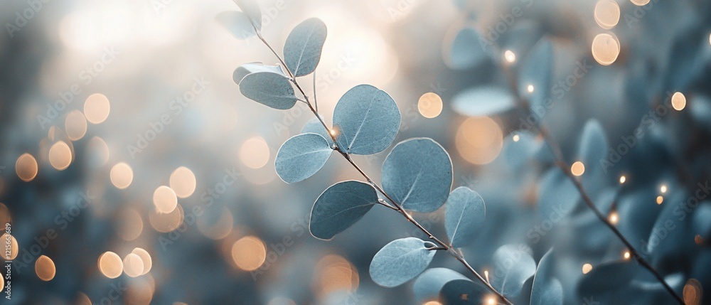 Poster soft-focus image of eucalyptus leaves with bokeh background.