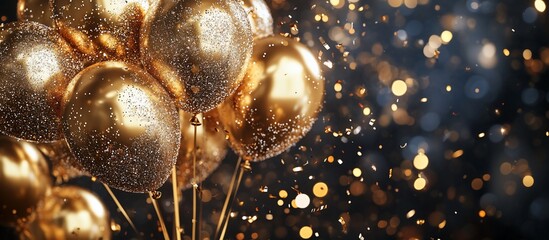 Obraz premium Golden balloons with glitter and confetti on dark background.