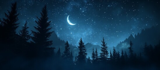 Crescent moon shines over a misty forest at night, under a starry sky.