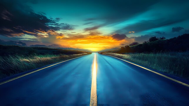 The road ahead, a luminous path leading towards an unknown destination, bathed in a neon glow. Luminous Path. Illustration