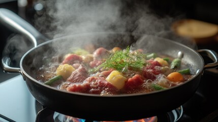 A sizzling hot pan on a stove, filled with vibrant vegetables and juicy meat, steam rising to create an inviting aroma, perfect for showcasing delicious home-cooked meals.