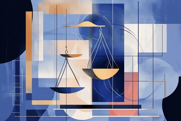 Abstract art depicting scales of justice in geometric shapes.