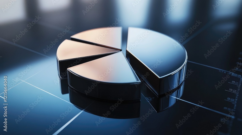 Poster a sleek, metallic d pie chart with separated sections, hovering over a reflective surface with data 