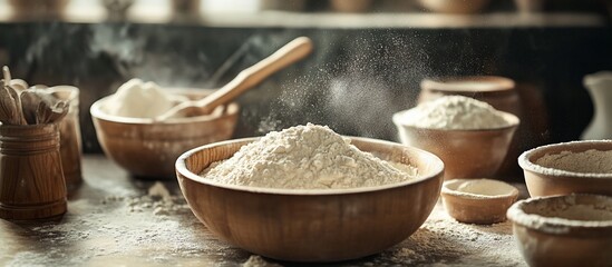 Wooden bowls filled with flour, baking ingredients.
