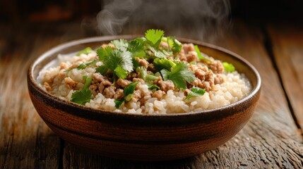 A steaming bowl of rice porridge with minced pork and garnished with fresh cilantro, served on a wooden table, capturing the warmth and comfort of a traditional meal.