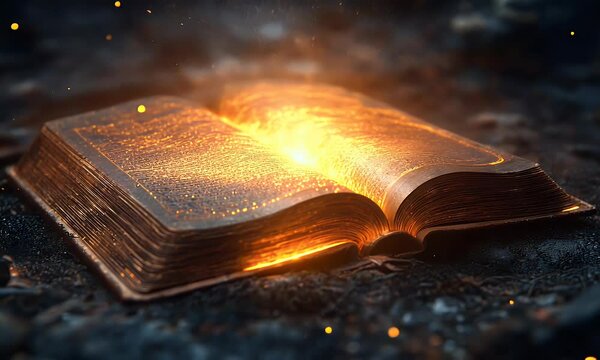 An enchanting, glowing book radiates sparks and light, suggesting magic or knowledge.