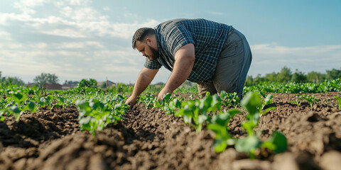 Overweight Man Cultivating Young Plants in a Field