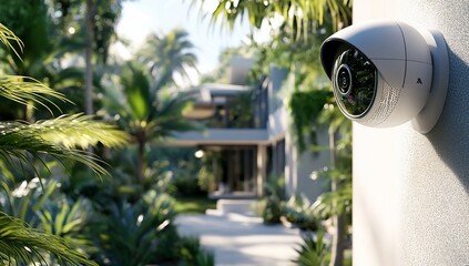 Security camera mounted on a wall overlooking a lush tropical garden and modern house.