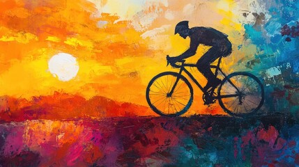 A striking silhouette of a cyclist riding against a vibrant sunset, with the sun casting long shadows, creating a dramatic and inspiring scene of freedom and adventure.