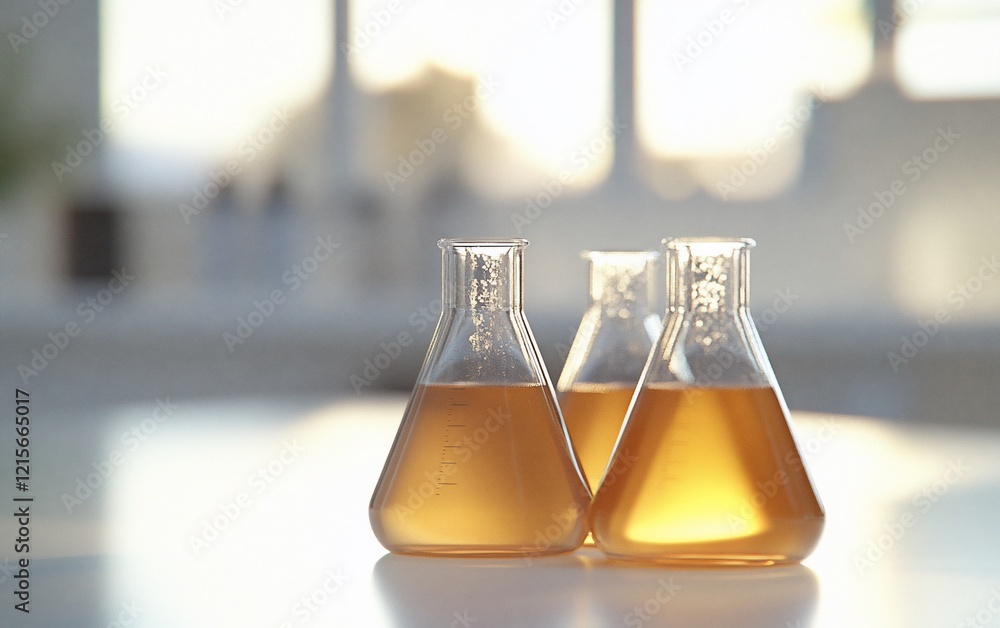 Poster three erlenmeyer flasks with amber liquid on a lab bench.