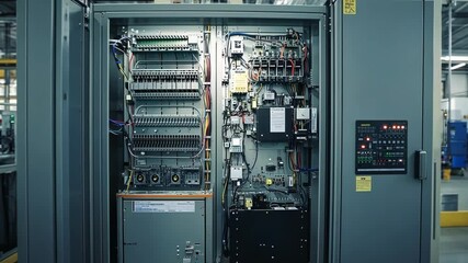 Open electrical cabinet exposing complex wiring, relays, and circuit breakers within a modern industrial factory setting, showcasing the intricate electrical infrastructure supporting operations