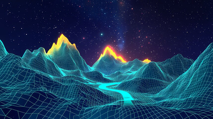 A digital landscape with glowing mountains and a luminous path under a starry sky. Luminous Path. Illustration