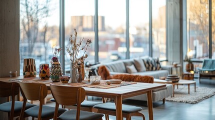 Fototapeta premium Timeless Blend: Interior/Exterior Architecture Stock Photo Featuring Unique Furniture and Decor in a Modern Home with a Cityscape View