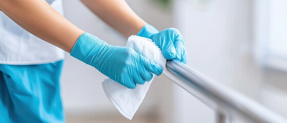 Focused housekeeper cleaning modern staircase railing with cloth, showcasing attention to detail and cleanliness in bright environment