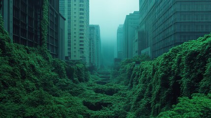 Urban Jungle: A Serene Contrast of Nature's Resilience Against Abandoned Skyscrapers in a Misty Landscape of Greenery and Fog