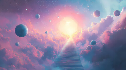A gleaming staircase ascends towards a luminous portal, surrounded by ethereal spheres floating amidst a sky painted with hues of dawn and dusk. Luminous Path. Illustration