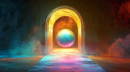 A glowing orb sits at the center of a neon archway, inviting viewers to explore a luminous path. Luminous Path. Illustration