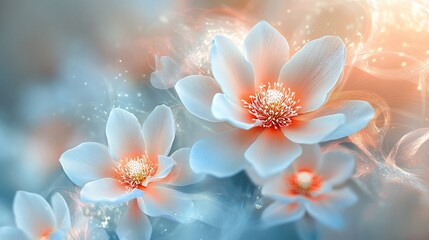 Fototapeta premium Dreamlike pastel flowers with glowing light and soft smoke.