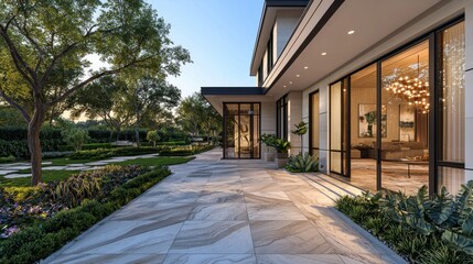 Modern house patio at sunset, landscaped garden, indoor view