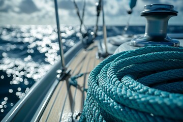 Obraz premium Close-up of teal sailing rope on yacht deck, ocean background.