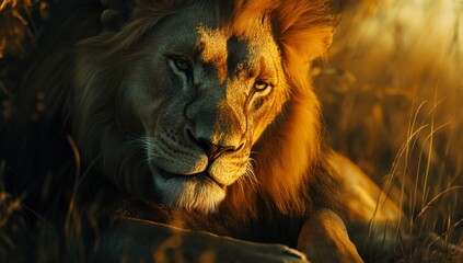 Naklejka premium Majestic lion resting in golden sunset light.