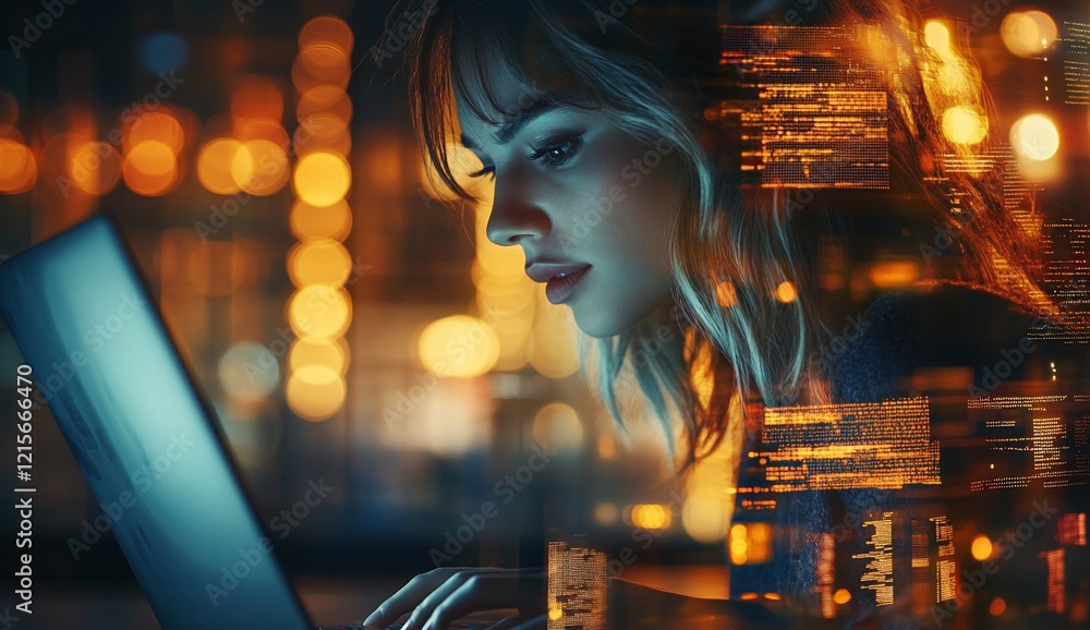 Poster woman programmer coding on laptop at night.
