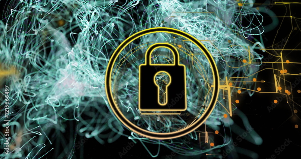 Poster lock icon image over abstract digital lines and connections background