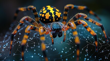 Close-up of a Striking Spider on its Dew-Kissed Web in the Dark