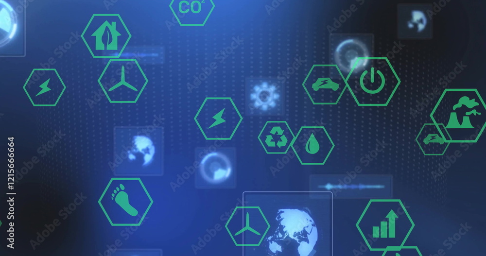 Poster image of network of eco icons and data processing
