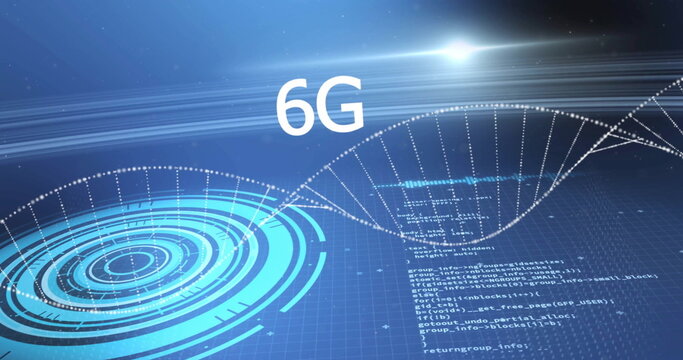 Image of dna strand, 6g text and data processing