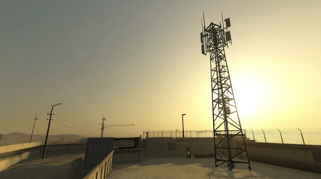 A G base station tower in an industrial setting with clear skies.