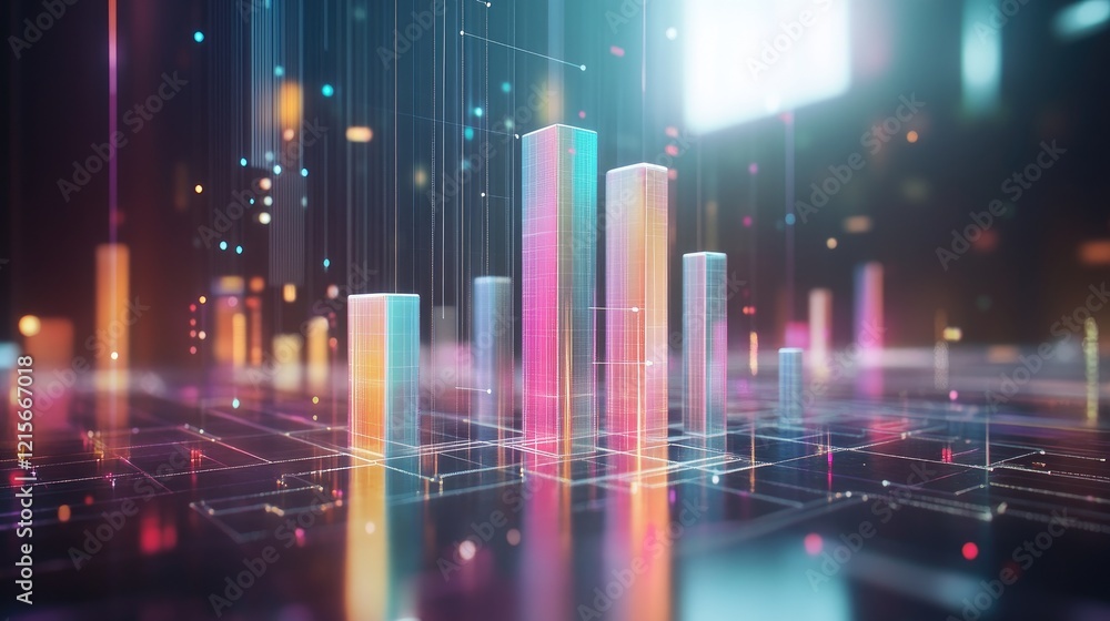 Poster a transparent d bar chart floating in a digital space, with bars of different heights representing f