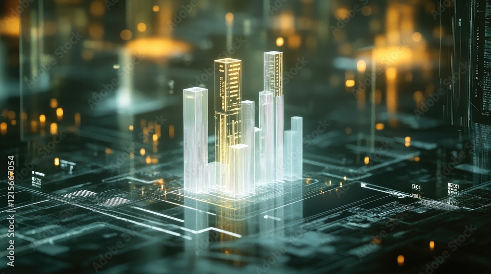 Poster a transparent d bar chart floating in a digital space, with bars of different heights representing f