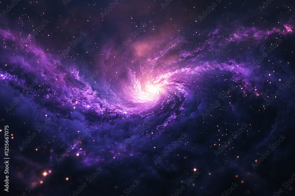 Wall mural stunning purple spiral galaxy swirling in deep space, cosmic dust and stars.