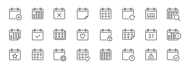 Calendar outline icons set. Organizer, calendar collection icons. Reminder icons, signs, symbols. Stock vector collection