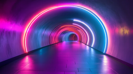 Abstract view of a colorful tunnel with dynamic light patterns swirling around a path. Luminous Path. Illustration