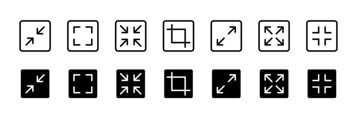 Expand size icons set. Enlarge screen symbols. Trim view vector icons. Full screen symbol. Vector icon