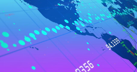 Image of data processing and world map on blue background