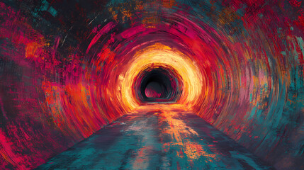 Abstract view of a colorful tunnel with dynamic light patterns swirling around a path. Luminous Path. Illustration