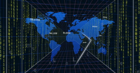 Image of data processing and world map over digital tunnel